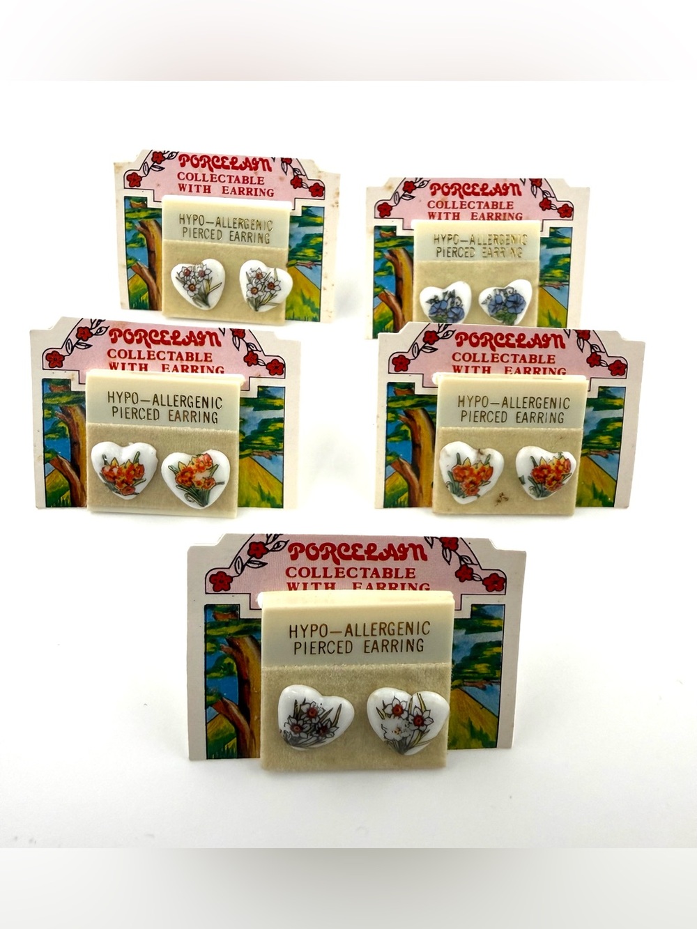 Vintage fine porcelain heart-shaped stud earrings - 5 pairs